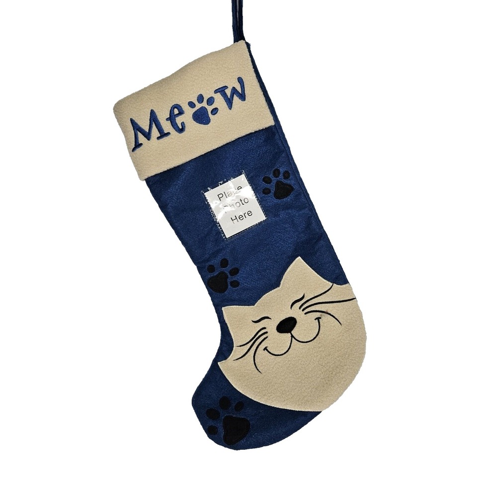 Cat Photo Christmas Stocking Blue MEOW 18" Felt Holiday Inspirations NOS Tags